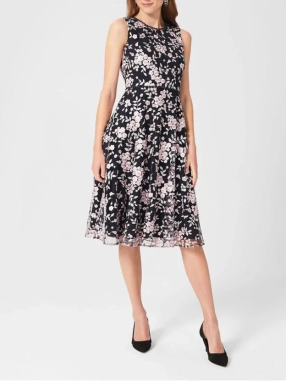 Hobbs London Scarlett Floral Embroidered Dress Size P12 Wedding Guest Navy Multi